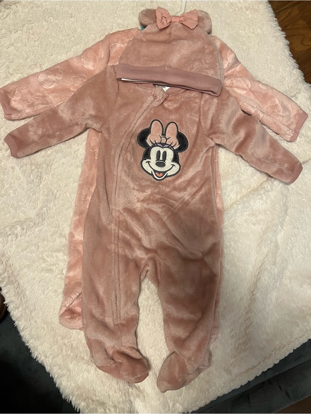 NWT Disney 3pc Minnie Mouse Plush Pink Footed One-Pieces with Hat